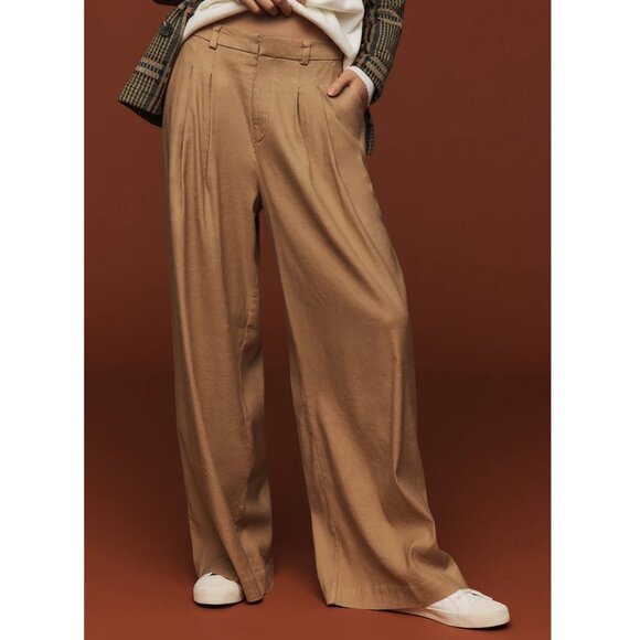 Anthropologie Maeve Avery Pleated Wide-Leg Trousers Linen Edition Khaki Large - Picture 2 of 11